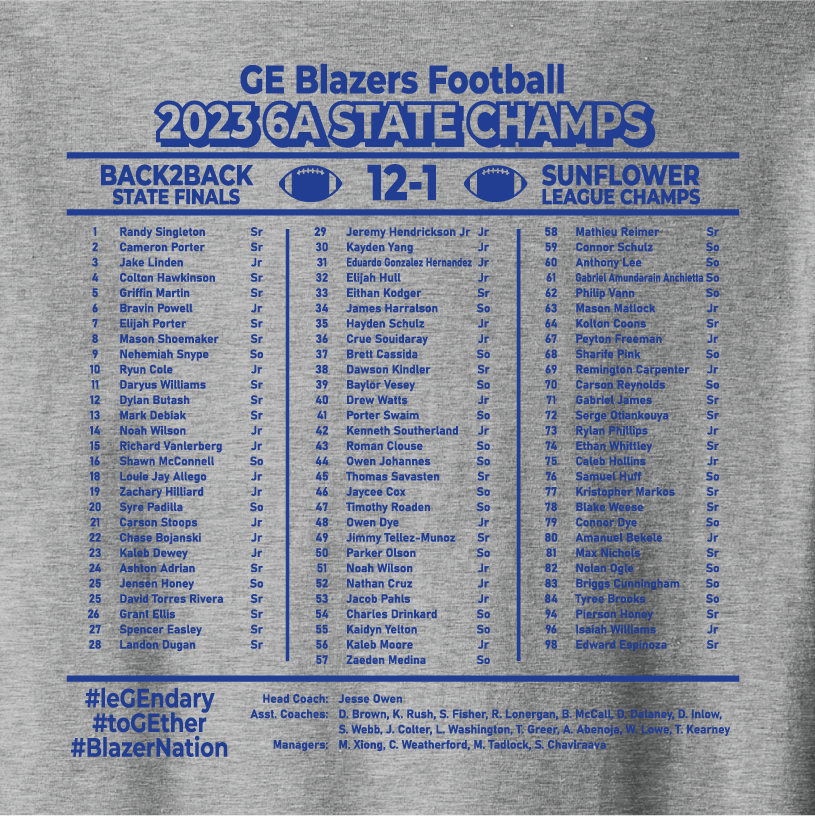 GEHS State Football Champs Blazers - Grey Tee or Sweatshirt