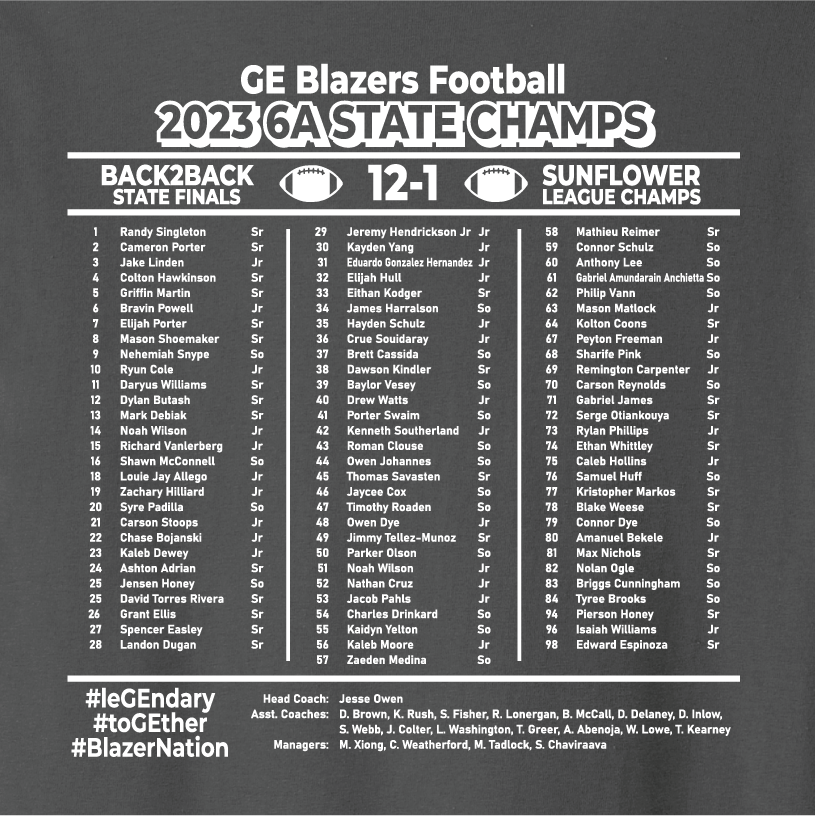 GEHS State Football Champions - Charcoal Tee or Sweatshirt