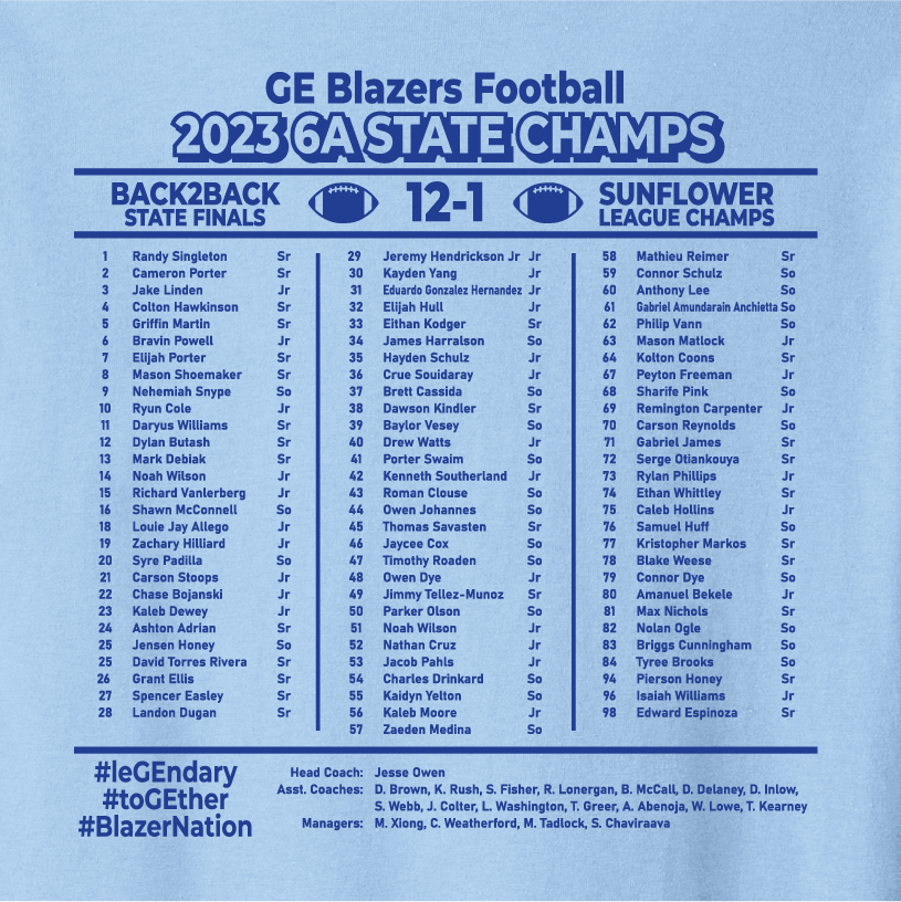 GEHS State Football Champs Script - Light Blue Tee or Sweatshirt